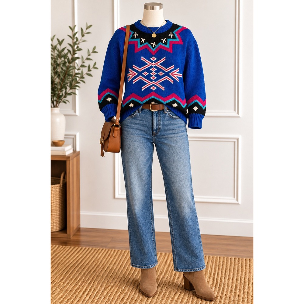 Lizsport Vintage Blue Southwestern Geometric Knit Sweater Womens Large Ramie